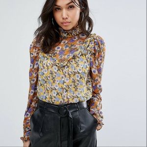 Boohoo high neck floral ruffle blouse